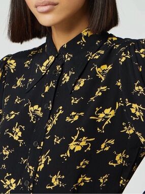 Ganni • yellow floral button front black mini shirt dress • lightweight XS / 34